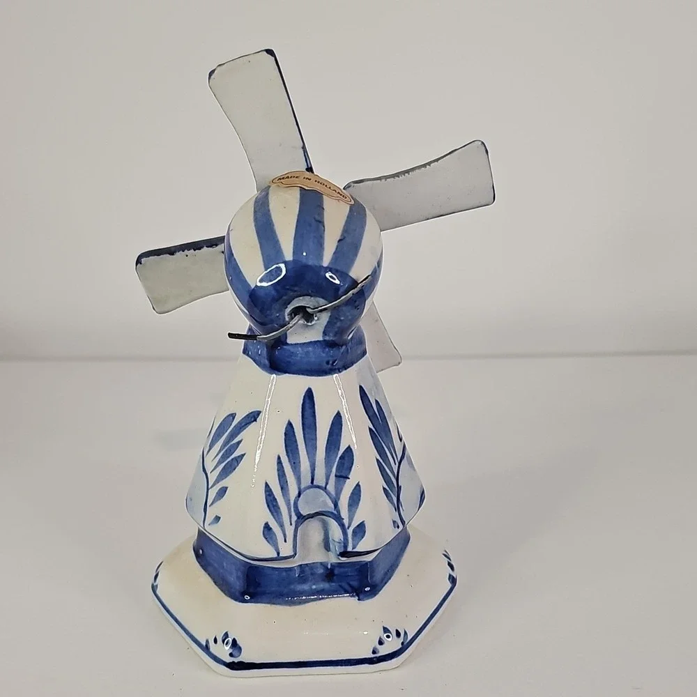 Hand Blue Ceramic Windmill Bell Figurine Blue White Striped 1970s Holland